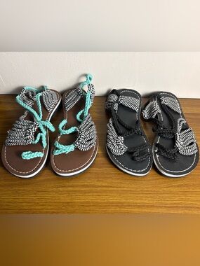 2 Pairs of Womens Braided Rope Sandals in Black and Teal Size 7.5